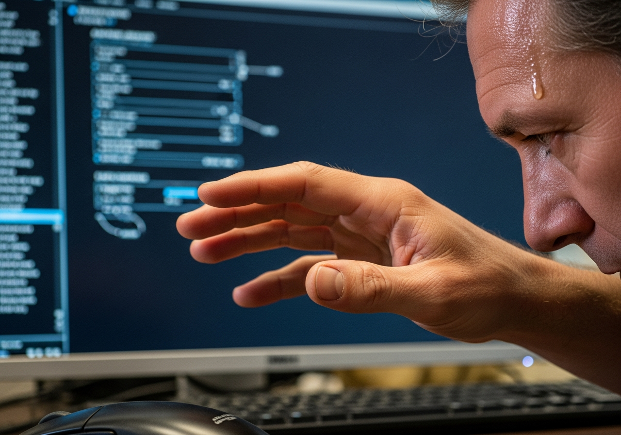 A close-up of a person's hand, worn and slightly shaking, hovering over a computer mouse, a single drop of sweat visible on their temple. The screen in the background shows a complex data labeling interface.