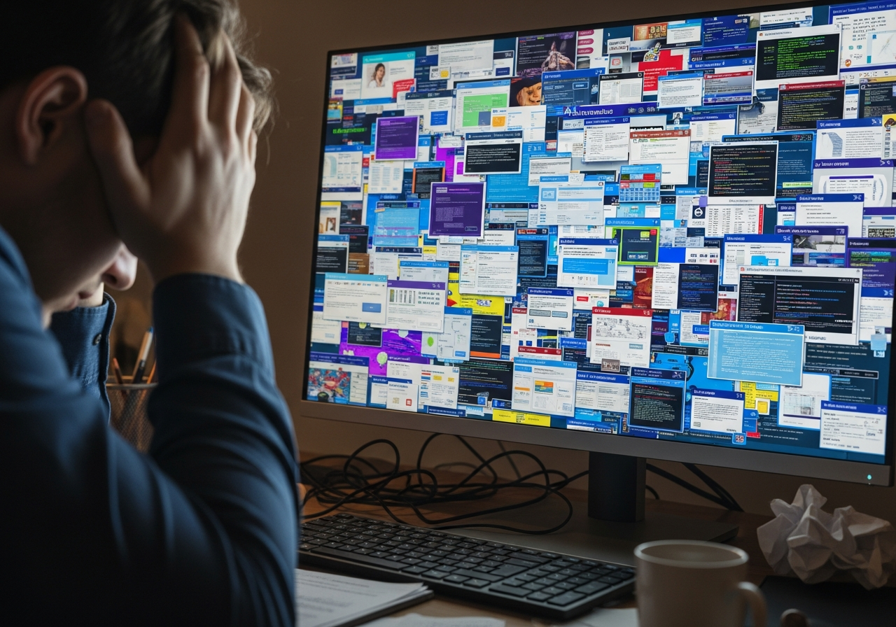 A frustrated person staring at a frozen computer screen, with numerous pop-up windows in the background.