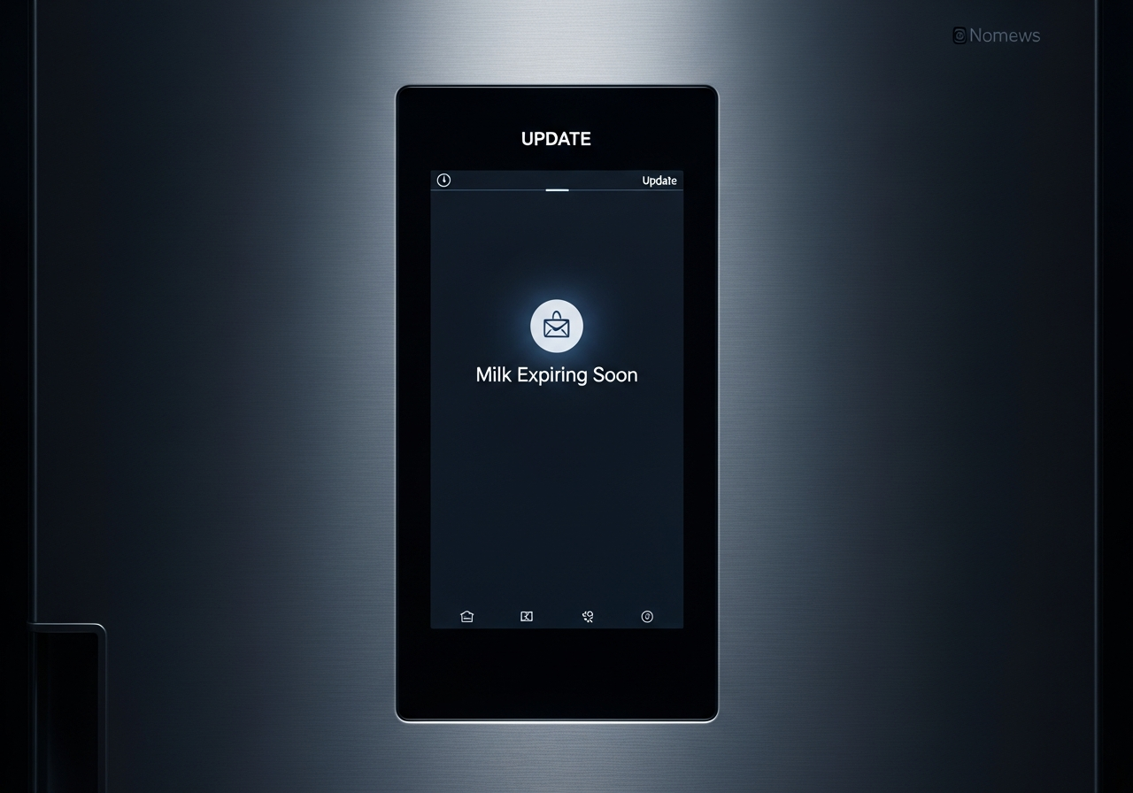 A smart refrigerator with a digital screen displaying an update notification about milk expiry, looking somewhat sinister.