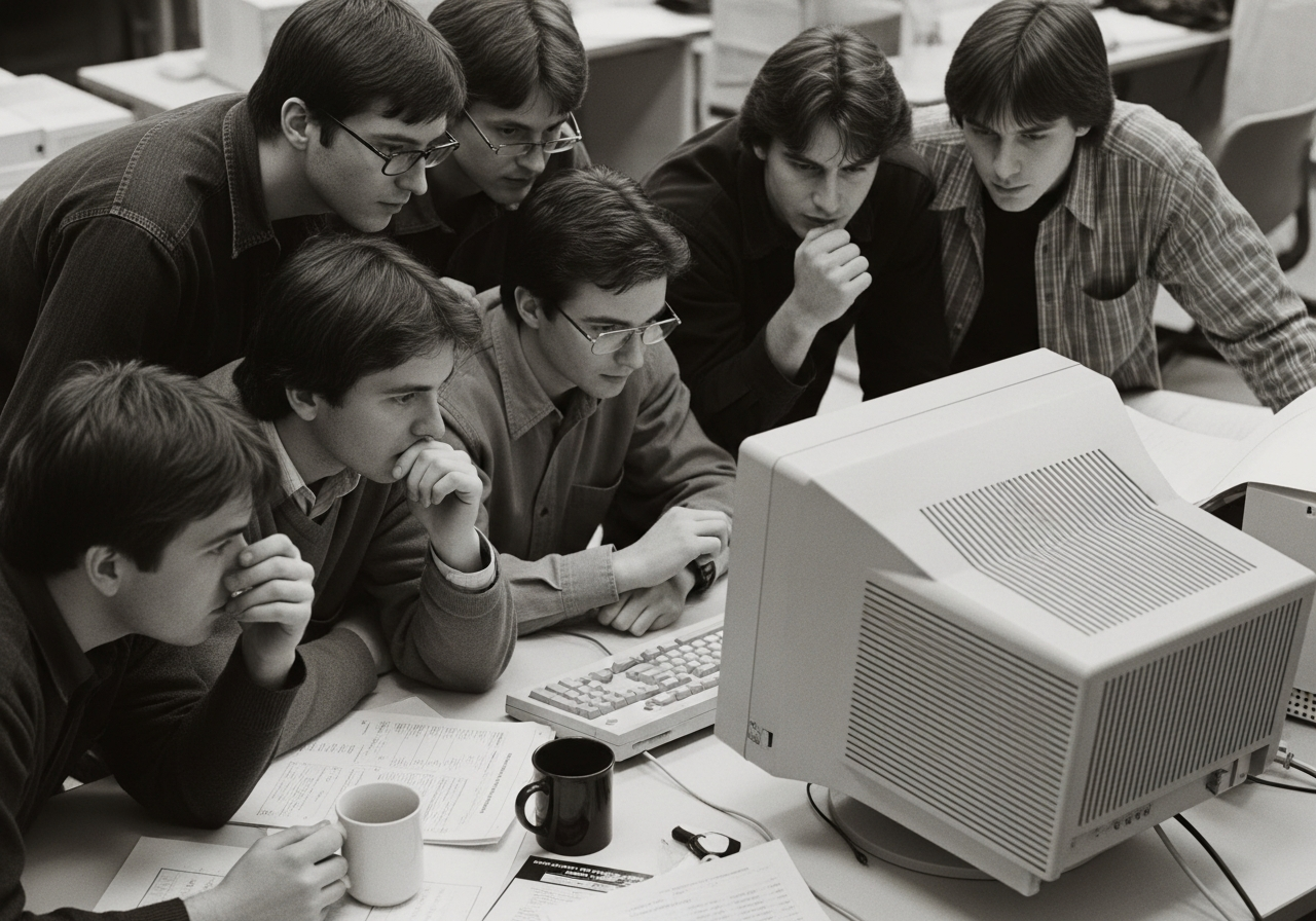 A vintage black and white photo of a group of young, enthusiastic programmers huddling around an old computer monitor, intensely focused on the screen, with scattered printouts and coffee mugs around.