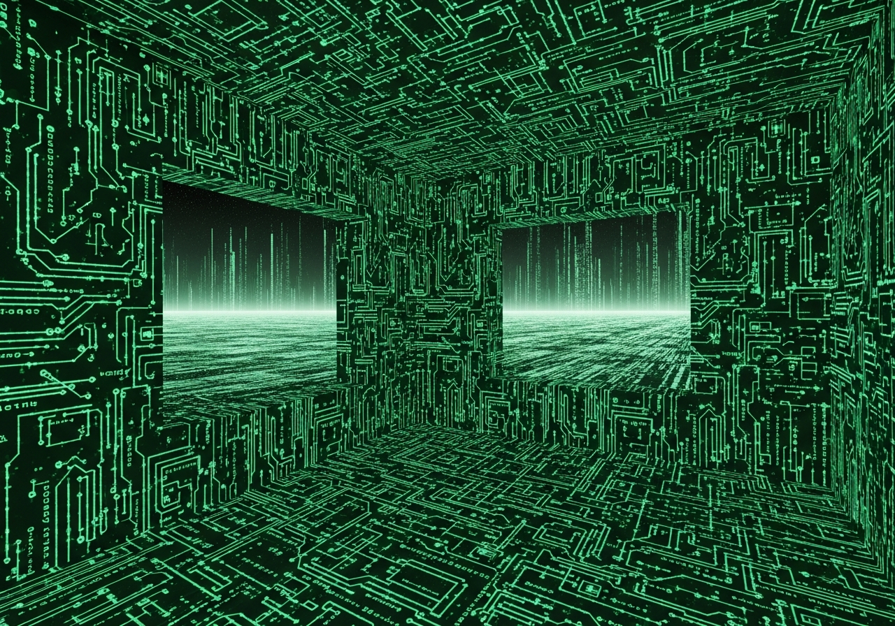 A stylized, futuristic digital prison cell, made of glowing green lines of code, with a single, small window showing a vast, open digital landscape beyond, emphasizing a sense of confinement despite perceived openness.
