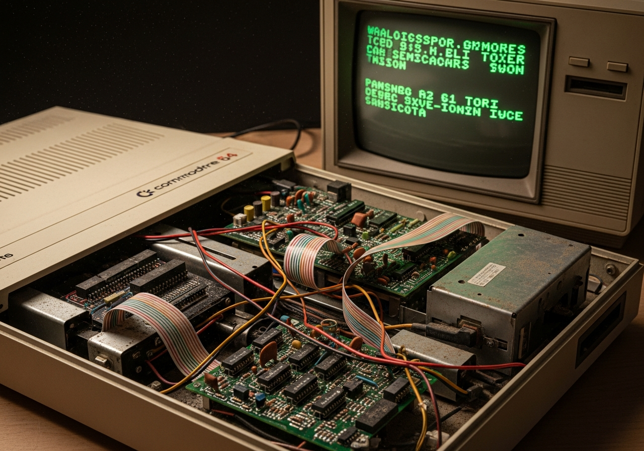 A vintage Commodore 64 computer, its case slightly open, revealing dusty components and wires, with an old CRT monitor displaying green text. The image should have a nostalgic, slightly melancholic feel.