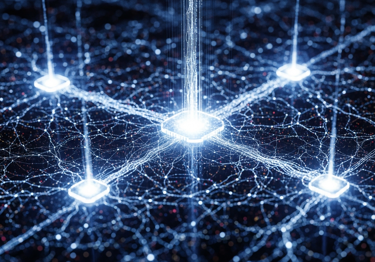 A slightly dystopian, abstract rendering of interconnected digital nodes forming a web, with certain larger nodes glowing brighter and appearing to control the flow to smaller, dimmer nodes, symbolizing centralized control within a supposedly decentralized network.