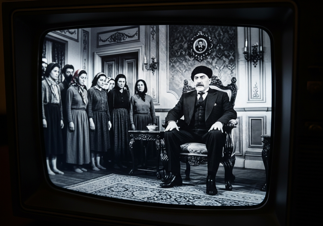 A close-up of a vintage black-and-white television screen displaying a scene from an old Turkish film, showing a stern-looking "ağa" (landowner) figure sitting in a grand room, while a group of humble villagers stands respectfully before him, their faces reflecting weary acceptance.