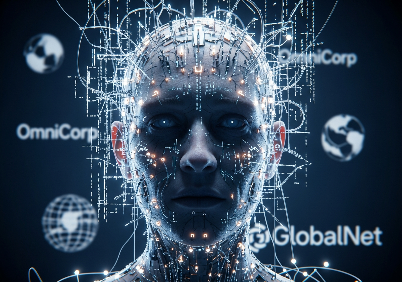 A surreal, dystopian image of a human head connected to a complex network of glowing circuits and abstract data streams, with corporate logos subtly integrated into the background. The person's expression is vacant, highlighting a loss of individuality.