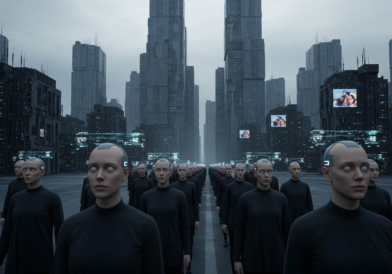 A dystopian urban landscape with monolithic data centers replacing traditional buildings, and faint holographic advertisements projecting directly into the minds of pedestrians who walk with vacant stares, their heads adorned with subtle neural implants.