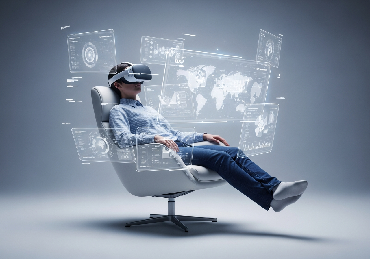 A person sitting in a futuristic, sleek armchair, wearing VR goggles, with holographic interfaces floating around them, looking completely relaxed and disengaged from the physical world. The colors are muted and calm, emphasizing effortlessness.