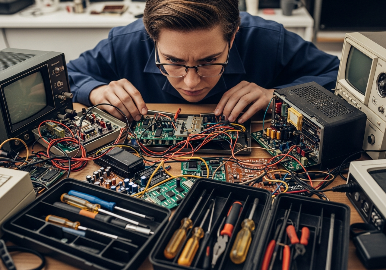 A person looking intently at a cluttered desk filled with old gadgets, wires, circuit boards, and open toolboxes, symbolizing a struggle with technology or the act of repairing.