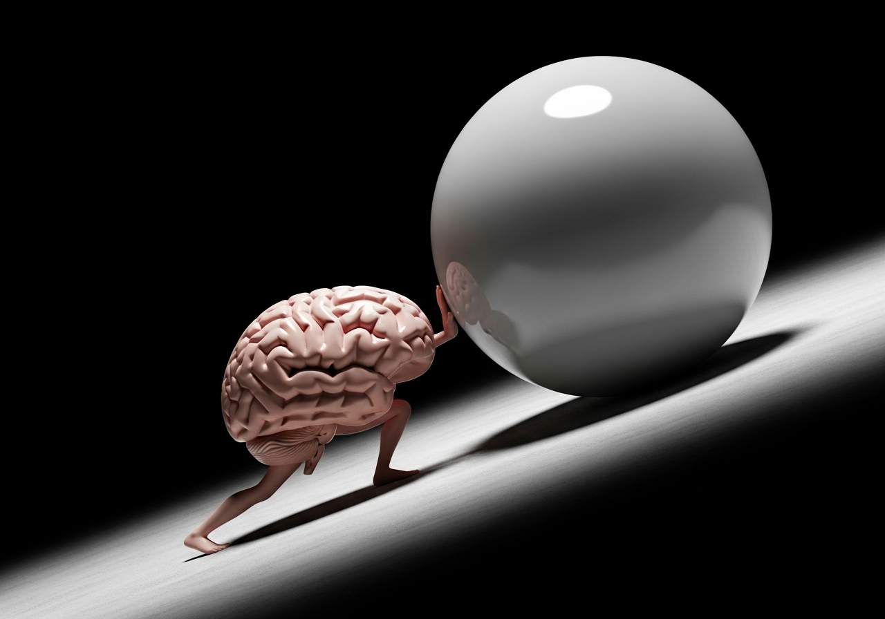 A surreal depiction of a brain trying to push a giant, smooth, frictionless sphere up a gentle incline, but it keeps sliding back down effortlessly, symbolizing the lack of challenge and the ease of modern life.