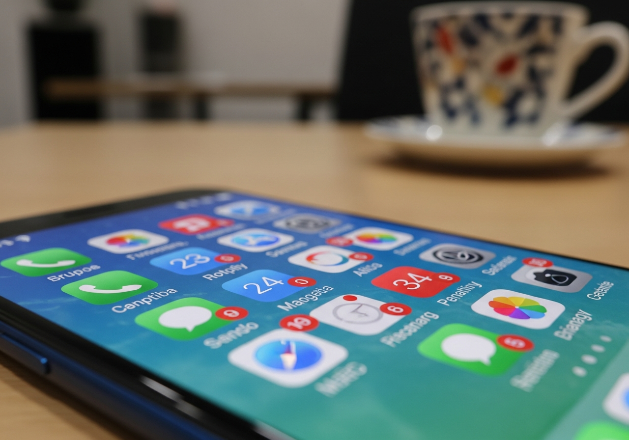 A close-up of a smartphone screen showing various app icons, each with a small notification badge displaying numbers, some in red. The background is slightly blurred, perhaps a desk with a coffee mug.
