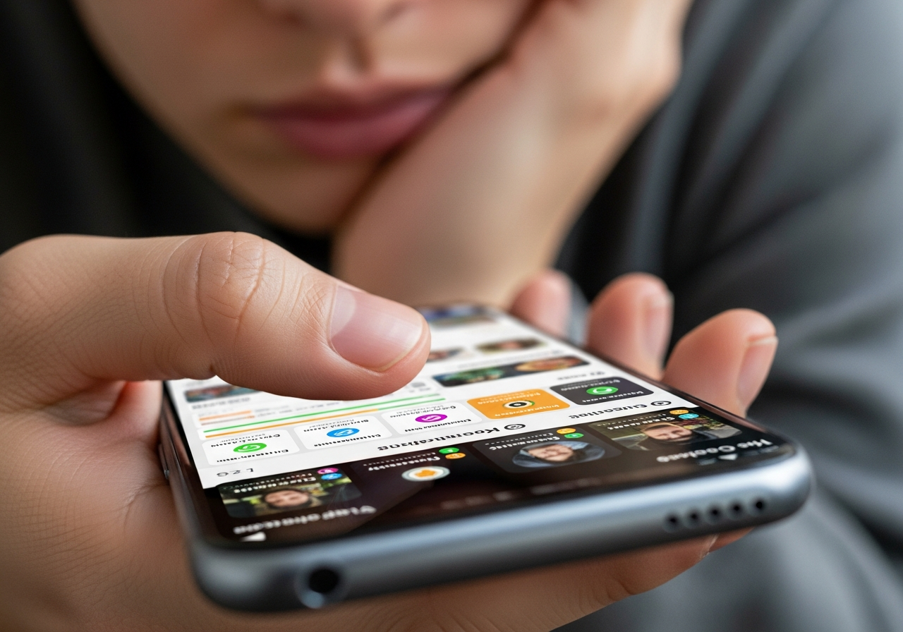 A person's hand holding a smartphone, scrolling through a colorful social media feed with various progress bars and badges. The person's face is partially visible, looking somewhat detached or bored.