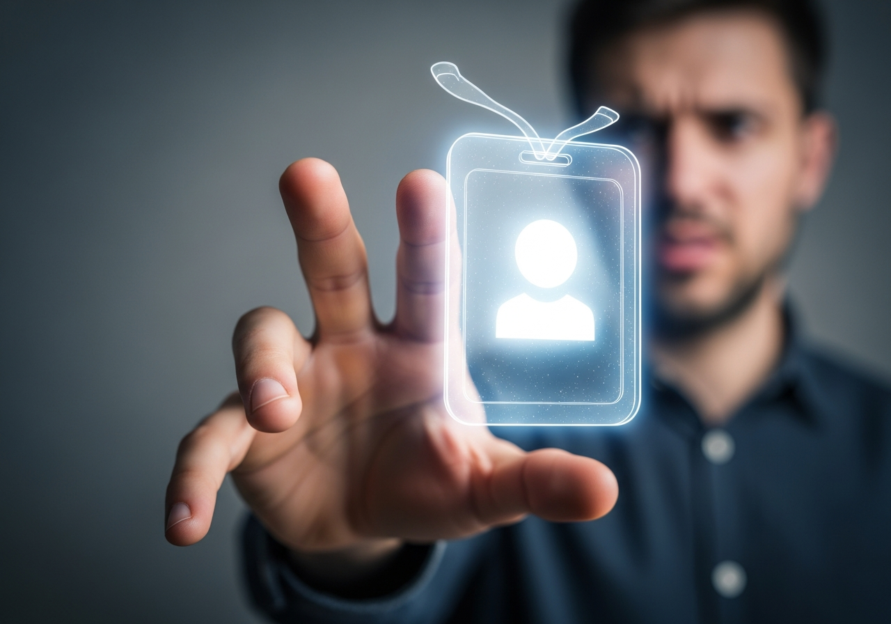 A person's hand reaching out towards a glowing, ethereal digital badge that is floating in the air, with a confused and slightly frustrated expression.