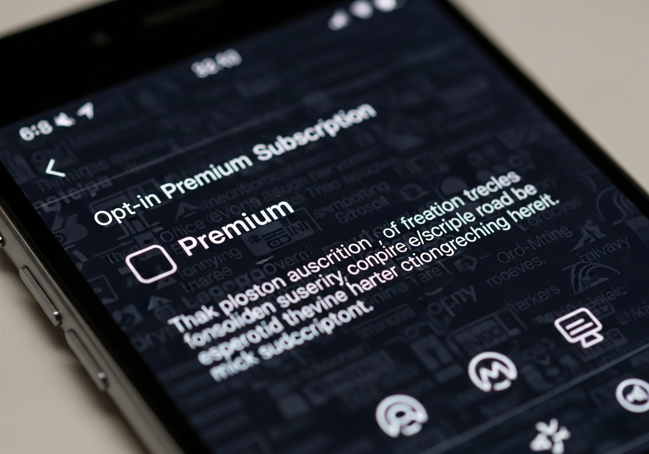 A close-up shot of a smartphone screen showing a deceptive "opt-in" checkbox for a premium subscription, with the text intentionally very small and hard to read against a busy background.