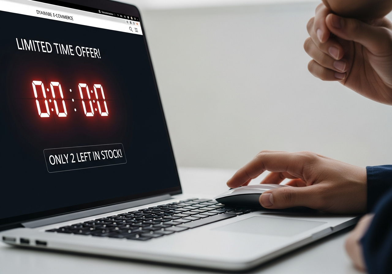 A close-up of a laptop screen displaying a website with a large, flashing countdown timer at the top, overlaid with text like "Limited Time Offer!" and "Only 2 Left in Stock!" The user's hand is paused over the mouse, looking hesitant.