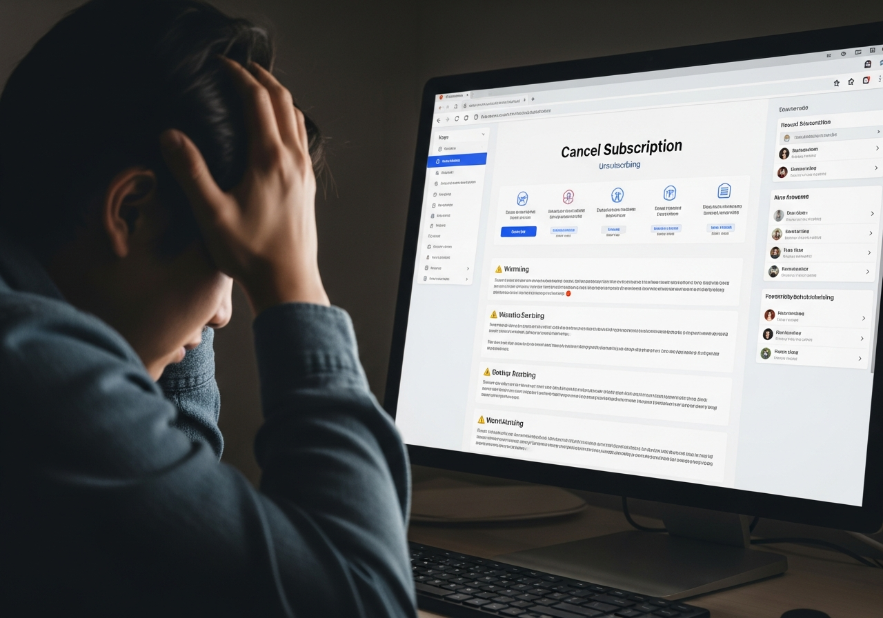 A frustrated user staring intently at a computer screen, hands on their head, surrounded by open browser tabs, one of which clearly shows a convoluted "cancel subscription" page with multiple steps and warnings.
