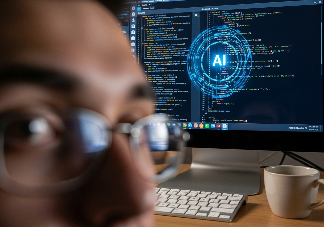 A close-up of a developer's screen, code snippets flowing rapidly, but the developer's eyes look distant, almost bored, a cup of lukewarm coffee beside the keyboard. The screen shows a sleek AI interface generating complex code.