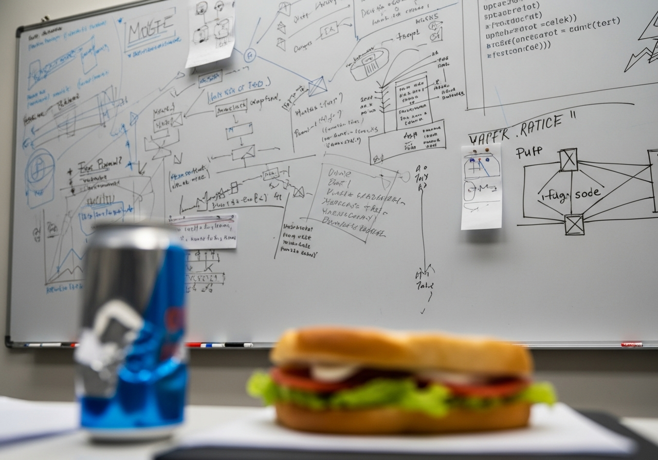 A chaotic whiteboard filled with erased lines of code, complex diagrams, and frustrated scribbles, hinting at a deep debugging session that required human ingenuity. A half-eaten sandwich and a crumpled energy drink can are also visible.