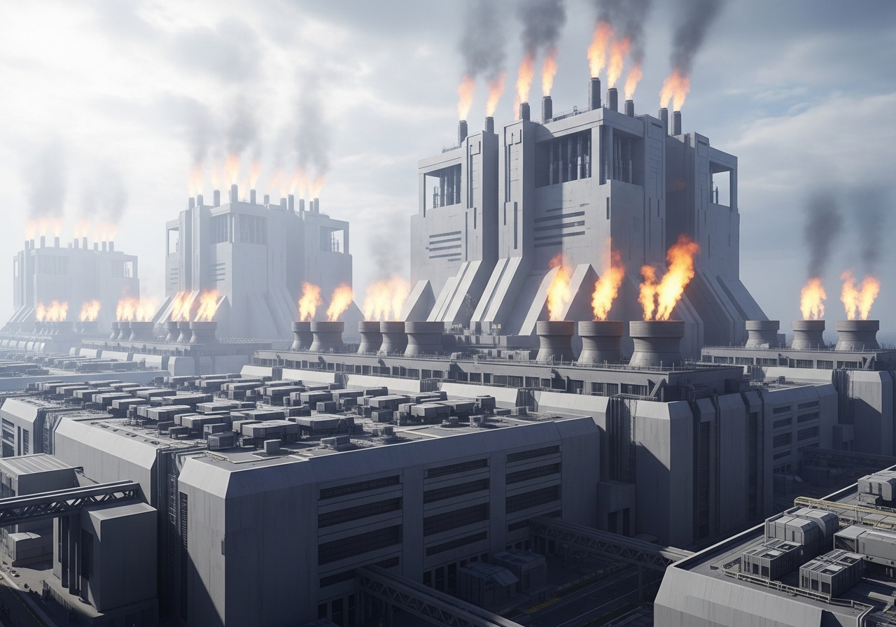 A vast, futuristic data center building under a hazy sky, with visible heat plumes rising from its ventilation systems, suggesting energy consumption and environmental impact. The architecture is imposing and somewhat alien.