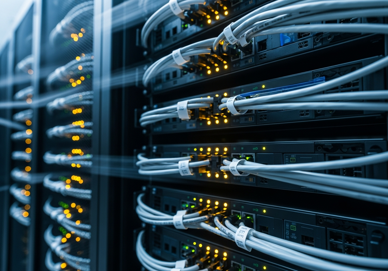 A close-up, artistic shot of server racks inside a data center, with blinking lights and intricate wiring, conveying both the complexity and the silent, continuous operation of these machines. There's a slight blur indicating rapid movement of air or data.