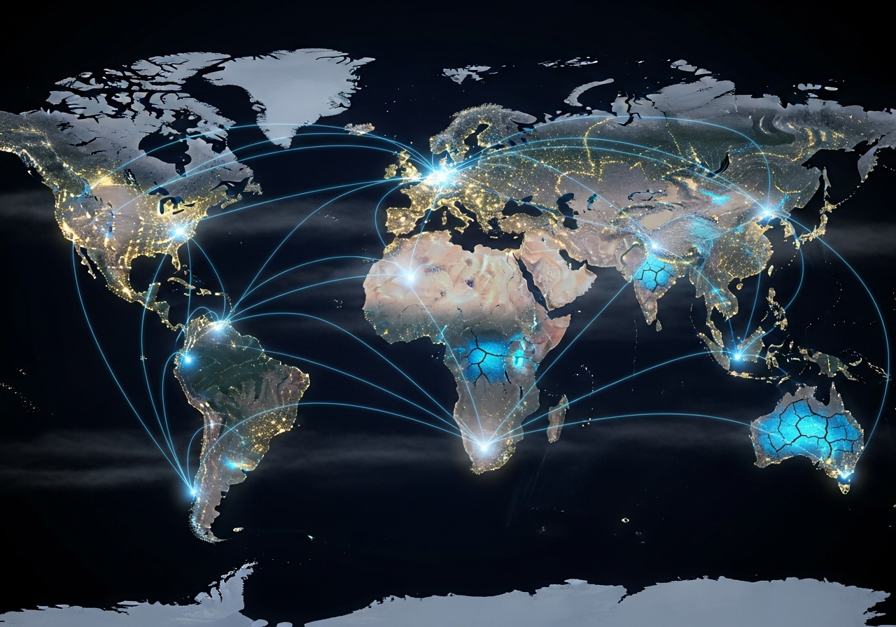 A global map with bright, glowing nodes representing major data center locations, connected by luminous lines symbolizing data flow. The map is overlaid with subtle environmental degradation elements like hazy pollution or depleted water reservoirs.