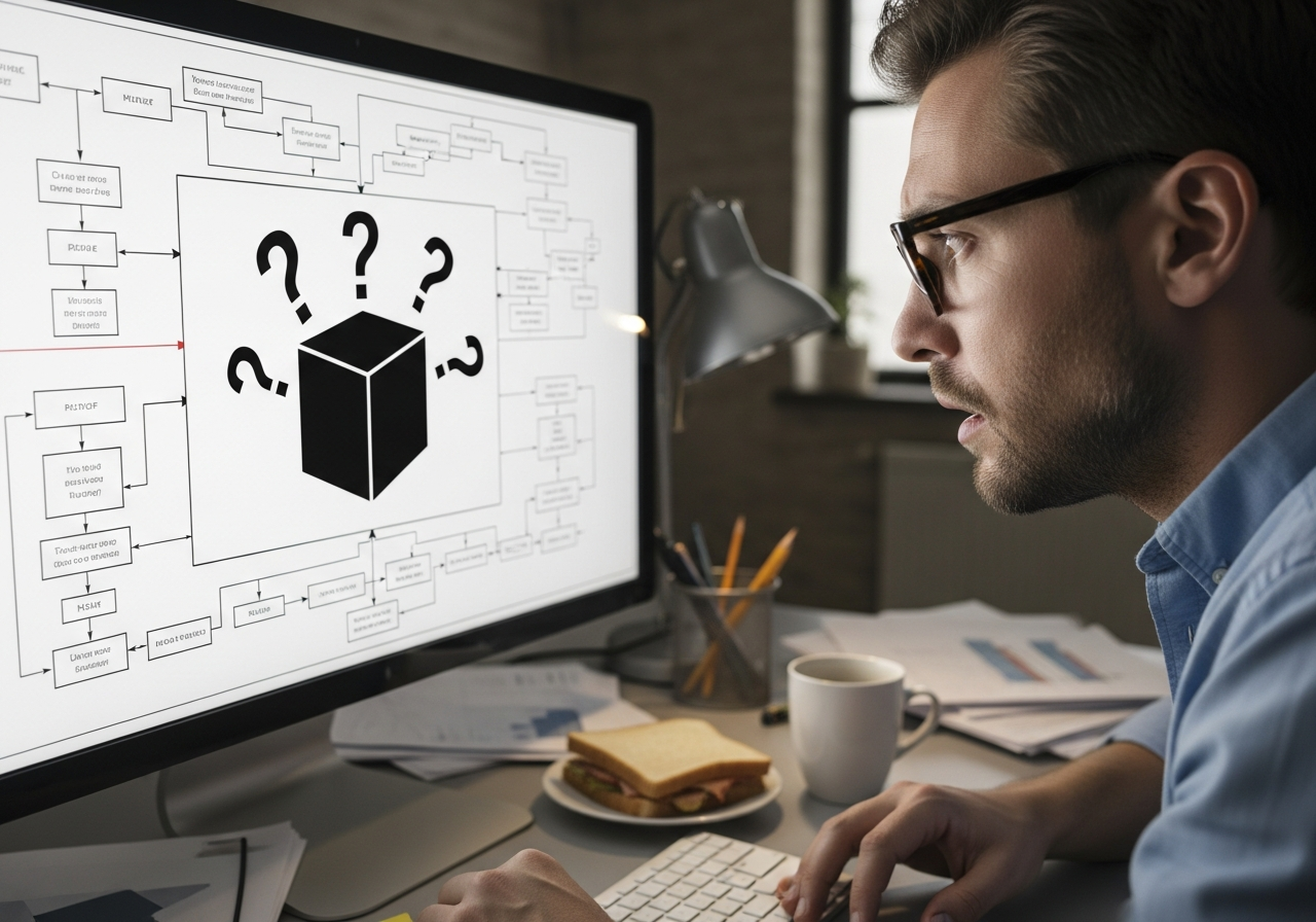 A puzzled man in his late 30s, wearing glasses, staring intently at a complex flowchart on a screen, with a half-eaten sandwich and a cold coffee next to him on a messy desk. The screen shows a simplified, almost childish drawing of a black box with question marks emanating from it.