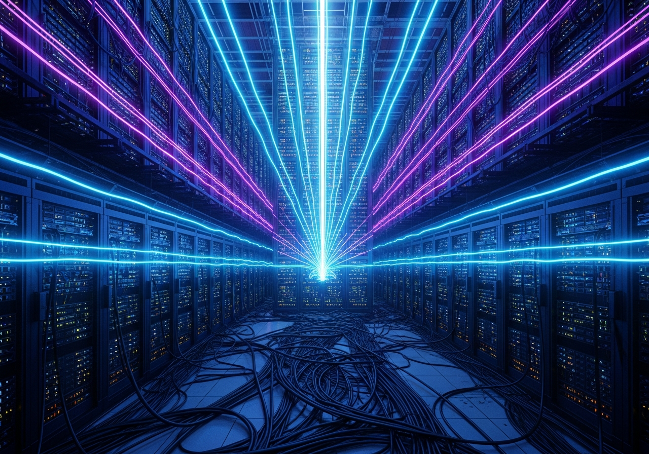 A complex network of glowing data streams converging into a single, massive, centralized server room, depicted with towering racks of servers and intricate cabling, emphasizing control and bottleneck.