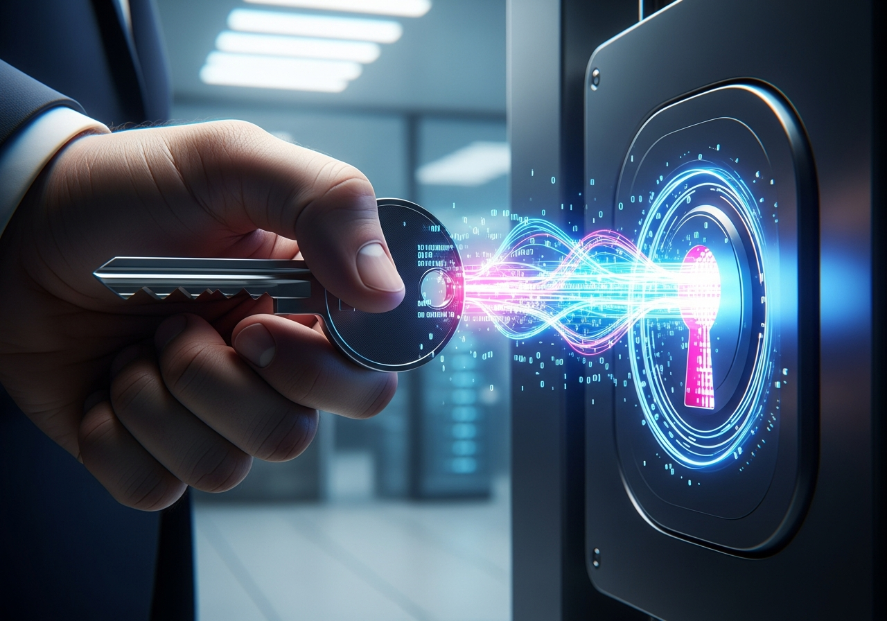 A stylized illustration of a digital lock and key, with data flowing through the keyhole, symbolizing control over information access. The key is held by an unseen, giant hand, suggesting corporate power.