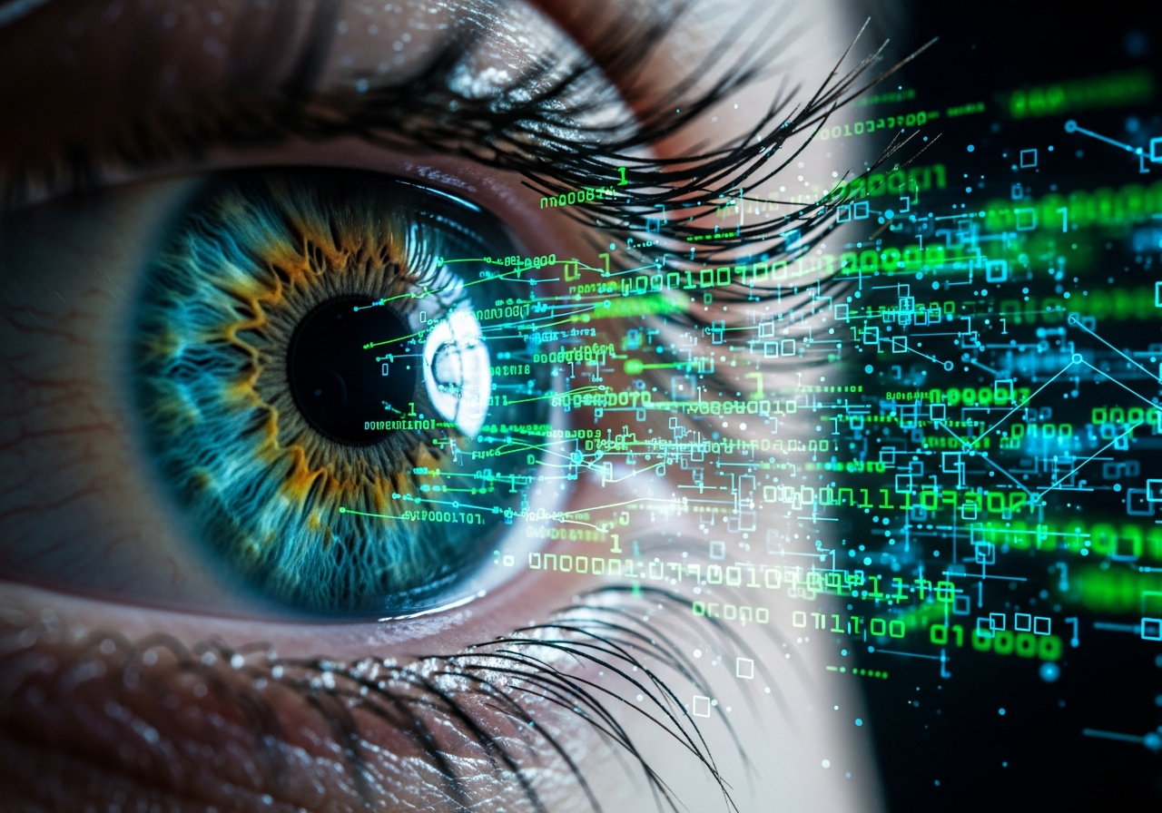 A digital representation of a human eye, with lines of code and data streams flowing out of its pupil, illustrating the constant outflow of personal information and its journey through controlled digital pathways.