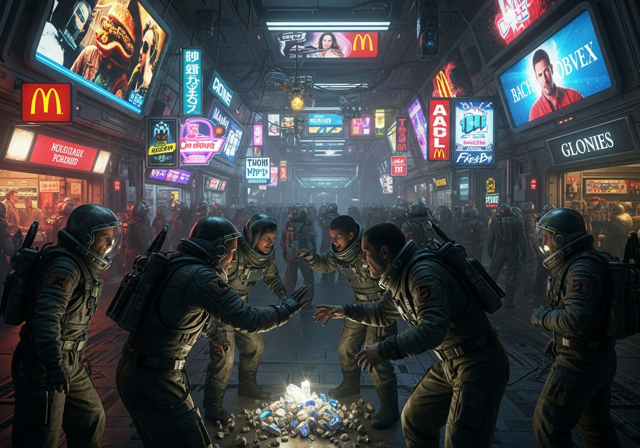 A crowded, chaotic image of a futuristic space station, but instead of pristine scientific equipment, it's filled with advertising billboards, fast food chains, and people in worn-out space suits arguing over what looks like a tiny pile of glittering space rocks.