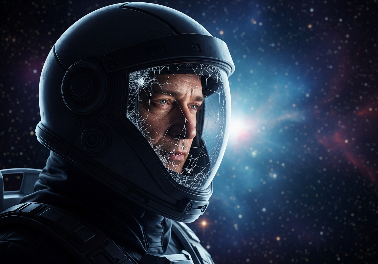 A lone figure, silhouetted against a breathtaking cosmic backdrop, looks contemplatively at their reflection in a cracked, dusty visor. The reflection shows a weary, slightly cynical face.