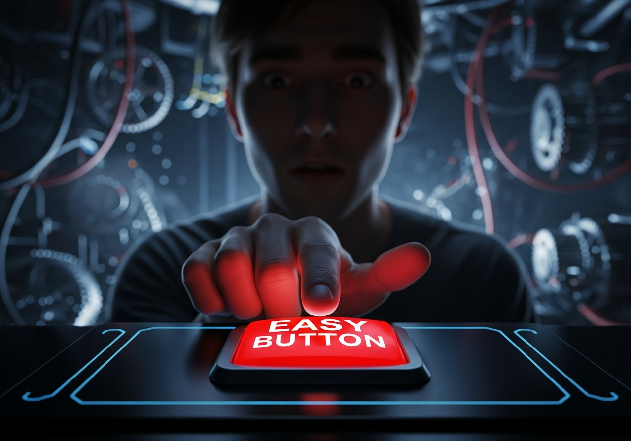 A person's hand with a single finger hovering over a large, glowing "EASY BUTTON" on a sleek, futuristic control panel. The person's face is dimly lit, looking both bewildered and reliant, while in the background, complex machinery whirs out of focus, suggesting intricate processes hidden from view.