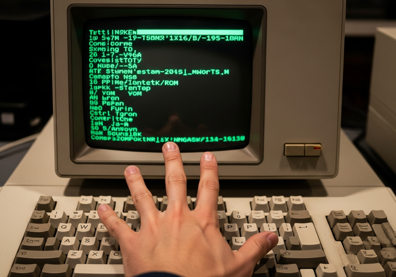 A vintage computer terminal from the 1980s, displaying green text on a black screen. A hand is poised over the keyboard, ready to type complex commands, symbolizing direct interaction and control over technology, in stark contrast to modern abstract interfaces.