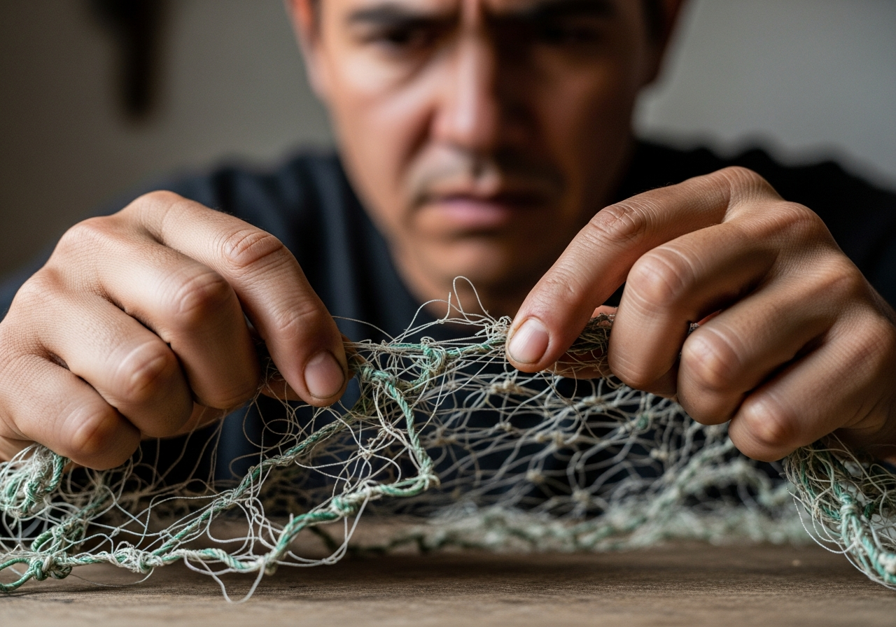 A person's hand trying to mend a tangled, broken fishing net, symbolizing the struggle to regain lost skills and understand complex systems when the "easy" solution fails. The person's face shows concentration and slight frustration.