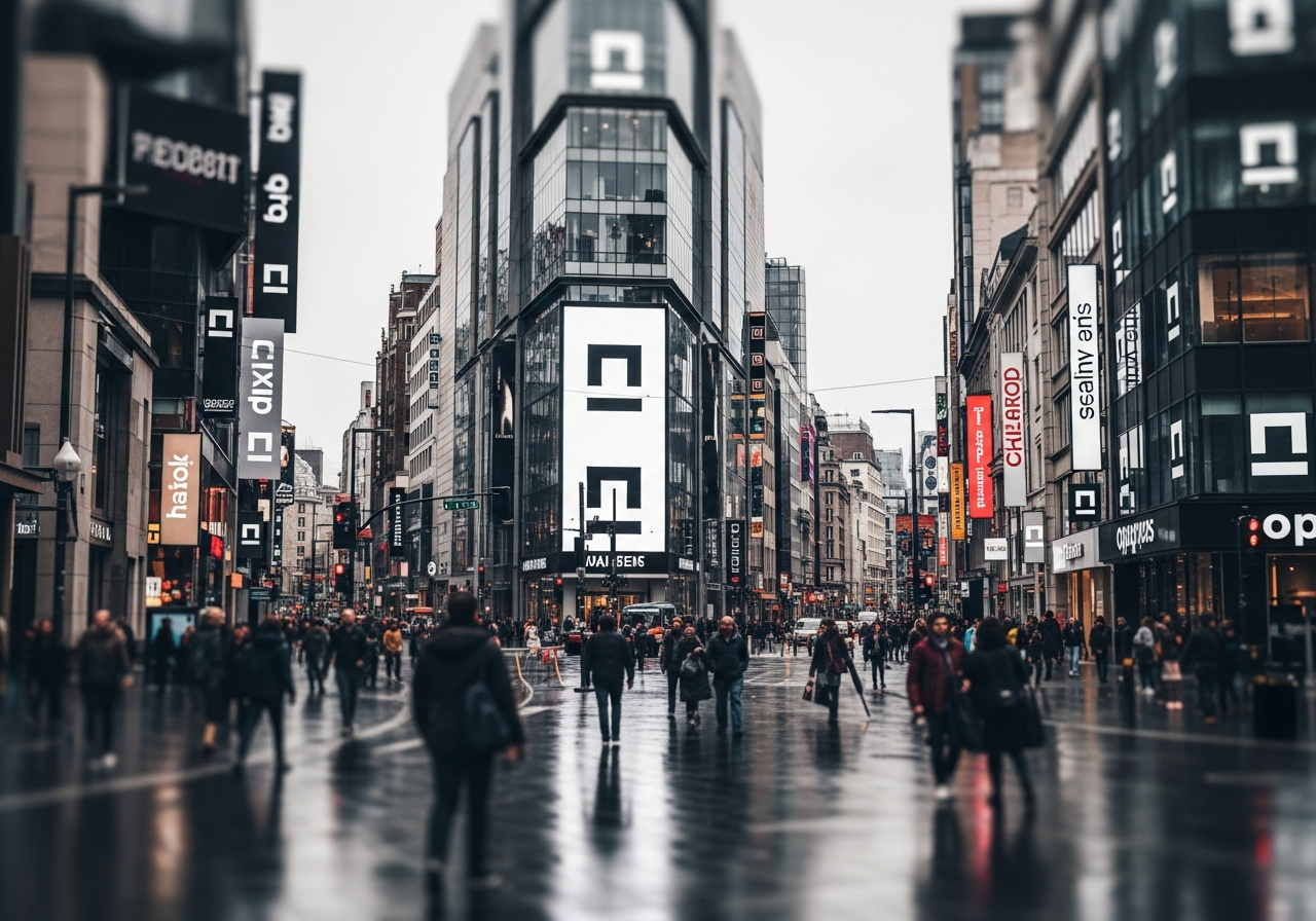A distorted, blurry image of a typical modern city street, but with all brand logos replaced by a generic, identical placeholder symbol, conveying a sense of sameness and loss of identity.