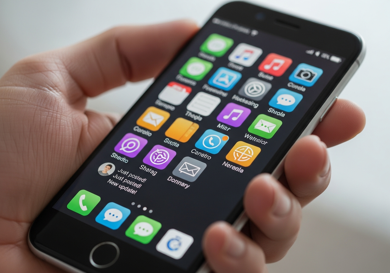 A close-up, slightly out-of-focus photo of a person's hand holding a smartphone, reflecting identical app icons and generic social media feeds, suggesting a manufactured connection rather than genuine human interaction.