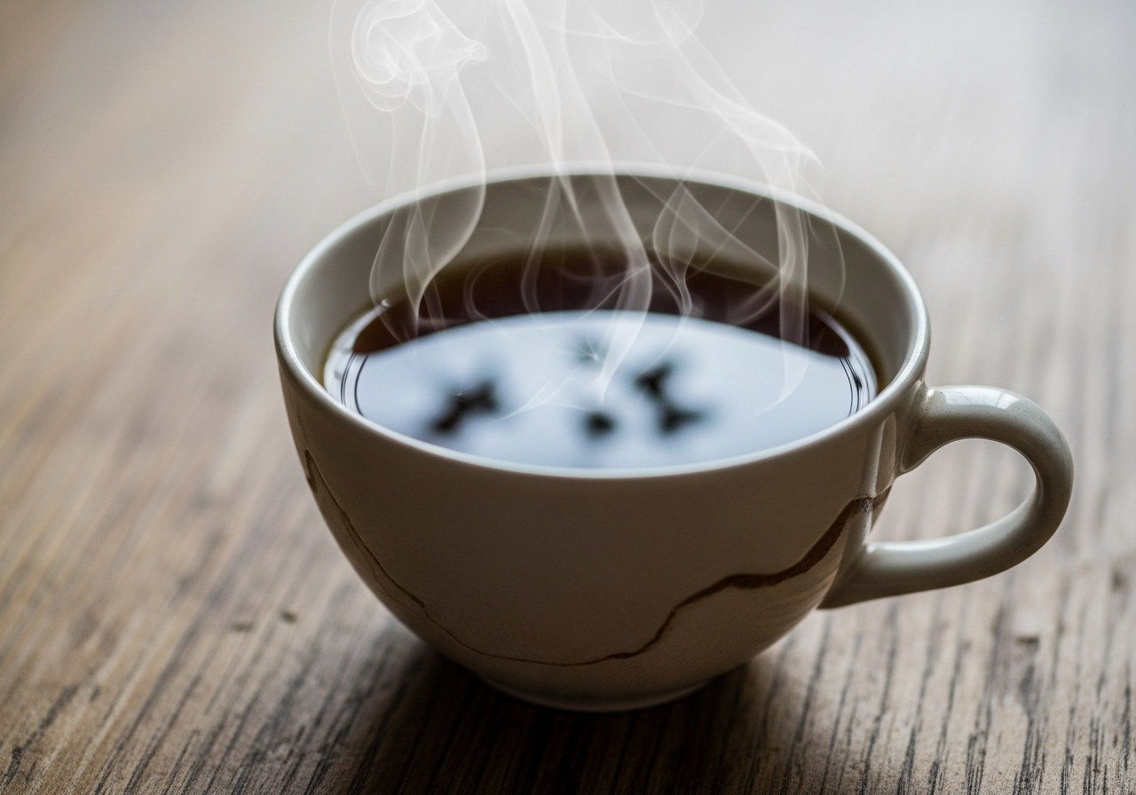 A close-up shot of a steaming, slightly chipped teacup on a worn wooden table, with reflections of abstract, blurred shapes in the liquid, evoking a sense of introspection and quiet contemplation after a rant.