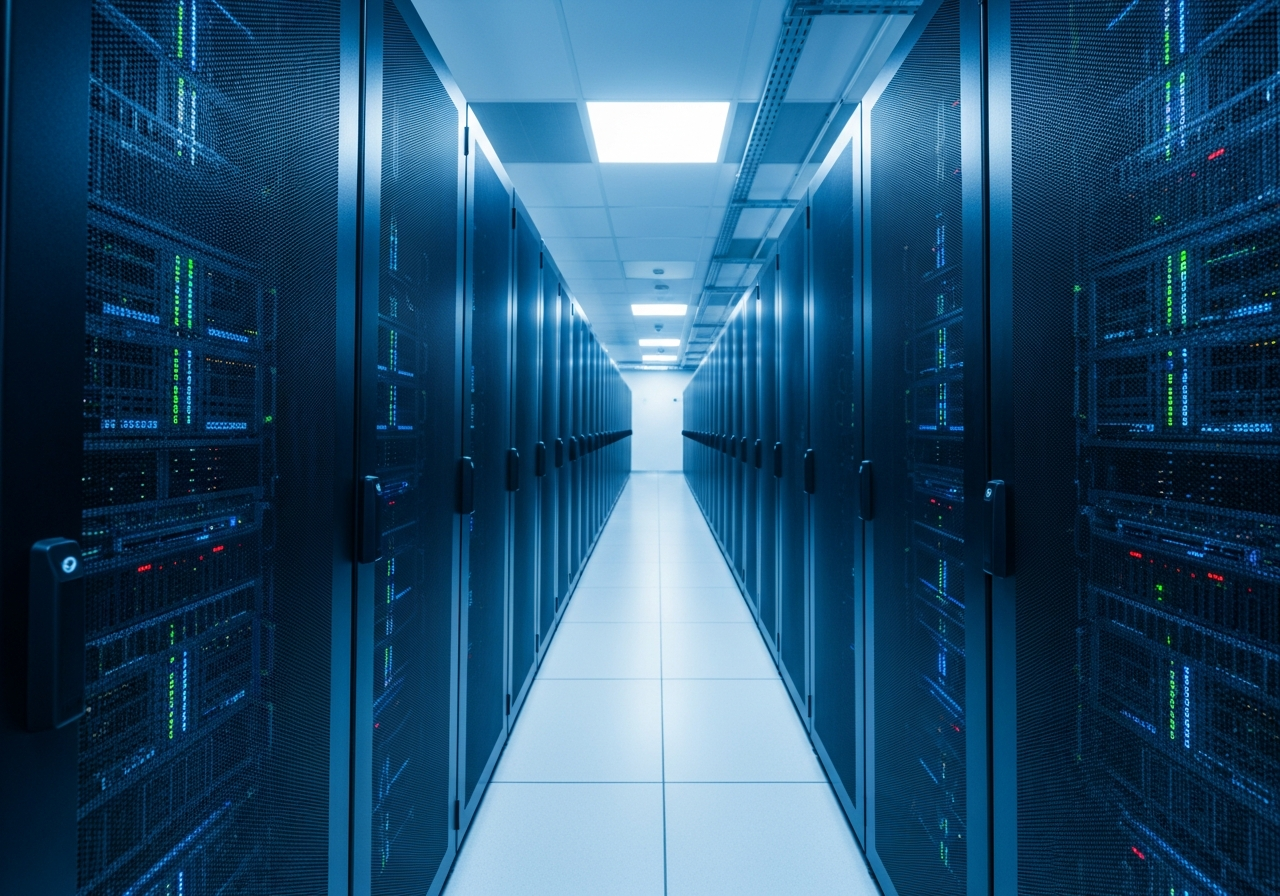 A vast, brightly lit data center aisle with rows of server racks extending into the distance, a blue glow emanating from the machines.