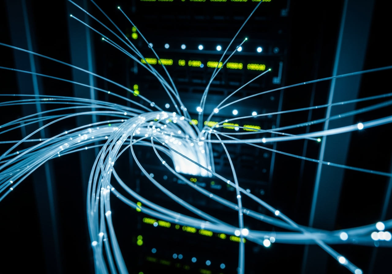An intricate network of glowing fiber optic cables converging in a dark server room, highlighting the delicate complexity.