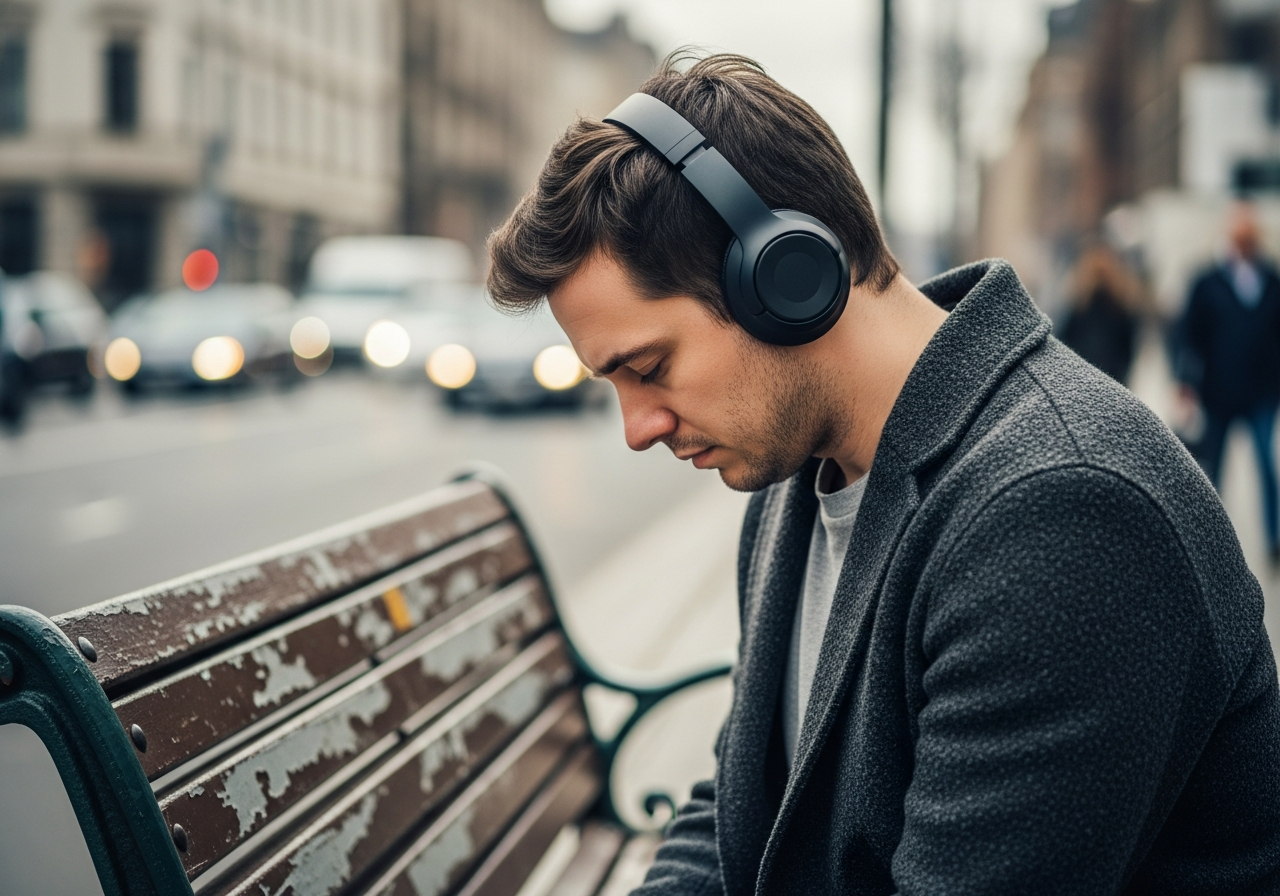 A person sitting on a park bench, head down, eyes closed, headphones on, but their face still shows a look of mental fatigue, as if they are trying to escape the noise but it's still present in their mind. The background is a blurry, bustling city street.