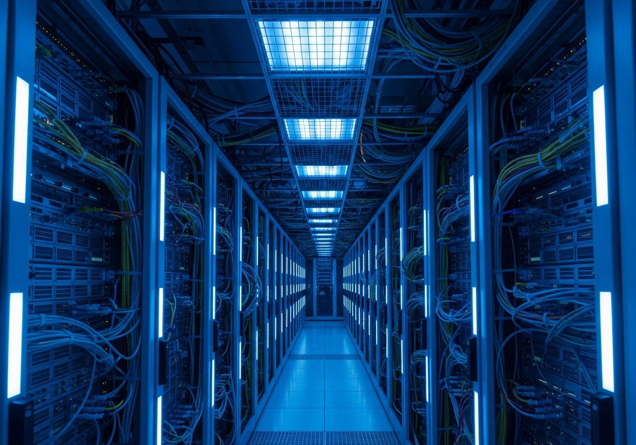 A dimly lit server room with glowing blue lights, cables snaking everywhere, conveying a sense of complex, hidden operations and the vastness of data being processed.