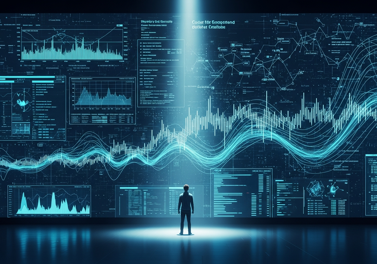 A lone person standing in front of a giant, glowing screen displaying complex data graphs and lines of code, looking overwhelmed and small in comparison to the digital information.