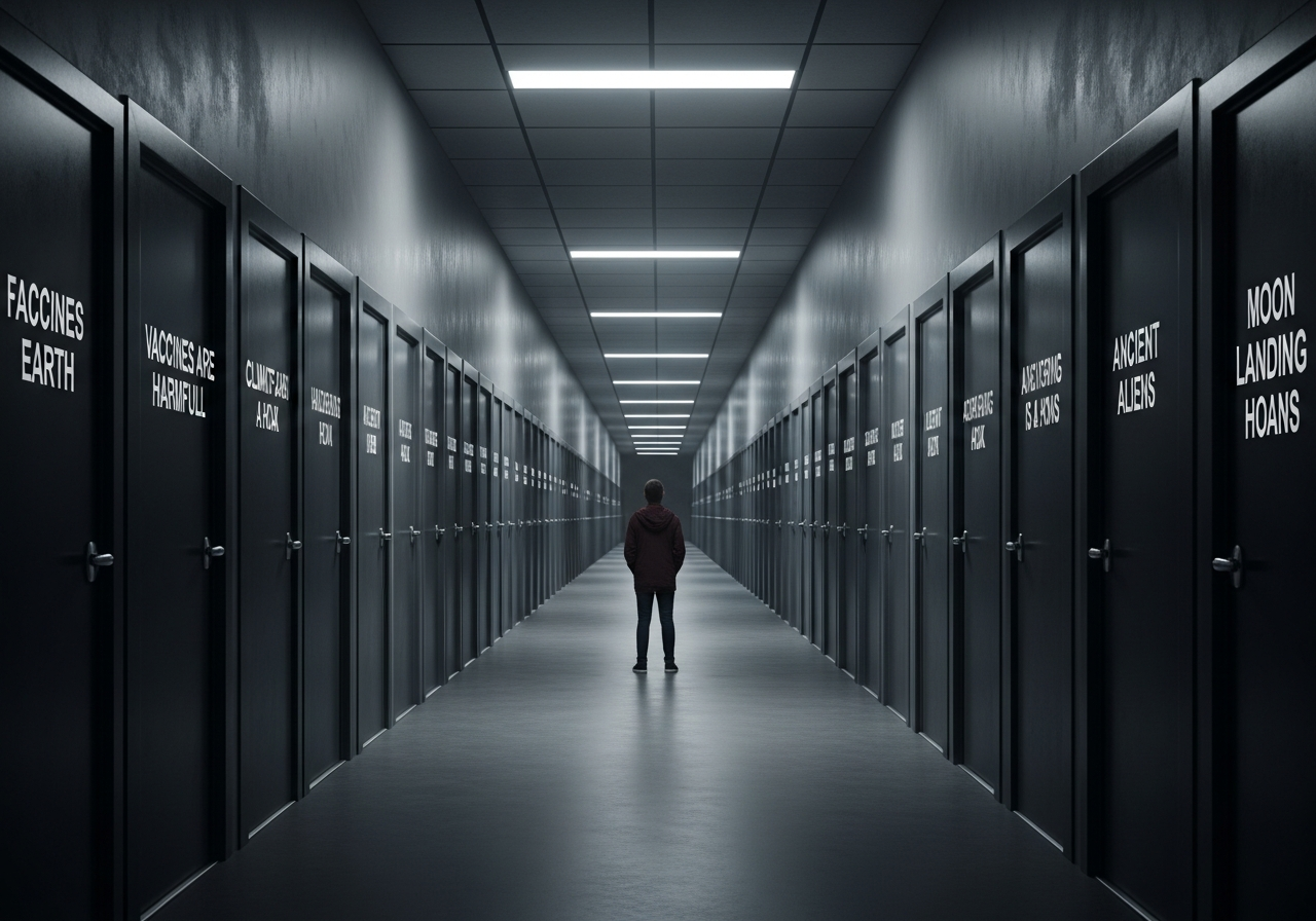 A person stands alone in a dimly lit, narrow corridor, looking at multiple doors, each labeled with a different 'truth' or 'belief' (e.g., 'Flat Earth', 'Vaccines are harmful', 'Climate change is a hoax'). The corridor is endless, creating a sense of being trapped within subjective realities.