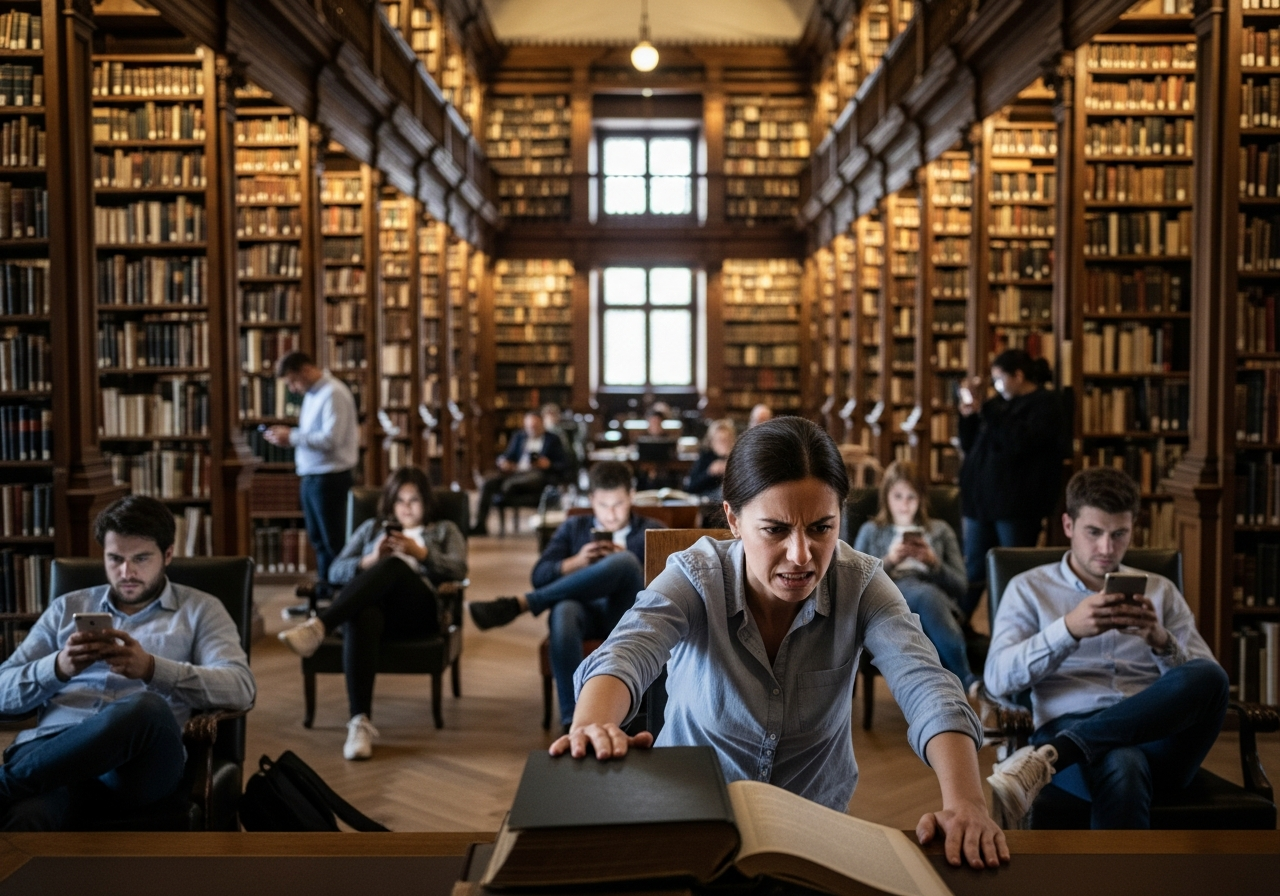An old, dusty library filled with countless books. However, instead of reading, people are seen looking intensely at small, glowing screens in their hands, completely ignoring the vast knowledge around them. One person is trying to physically push away a book with a frustrated expression.