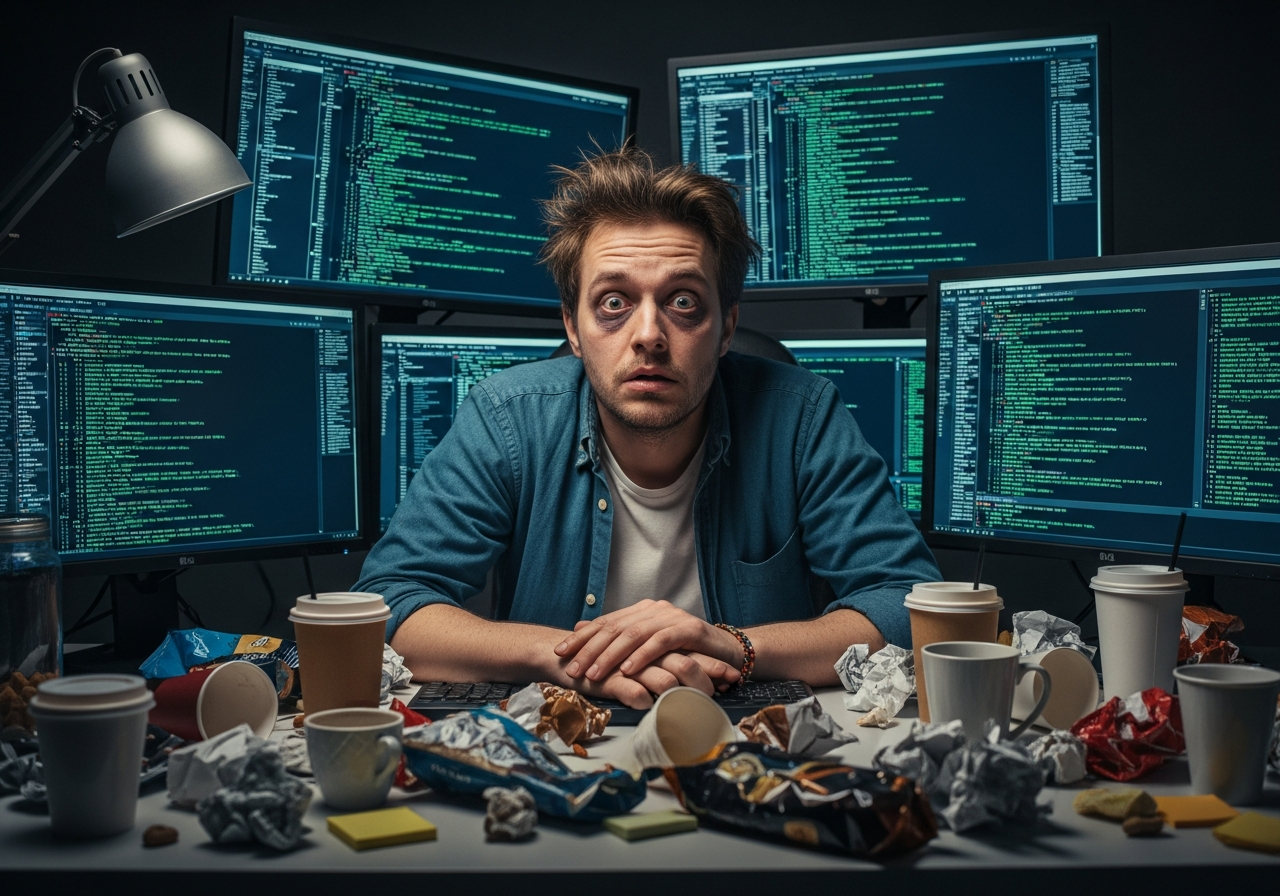 A dishevelled software developer sitting in front of multiple glowing monitors, looking exhausted and bewildered, with lines of code scrolling rapidly on screens. There are empty coffee cups and snack wrappers around, depicting a chaotic work environment.