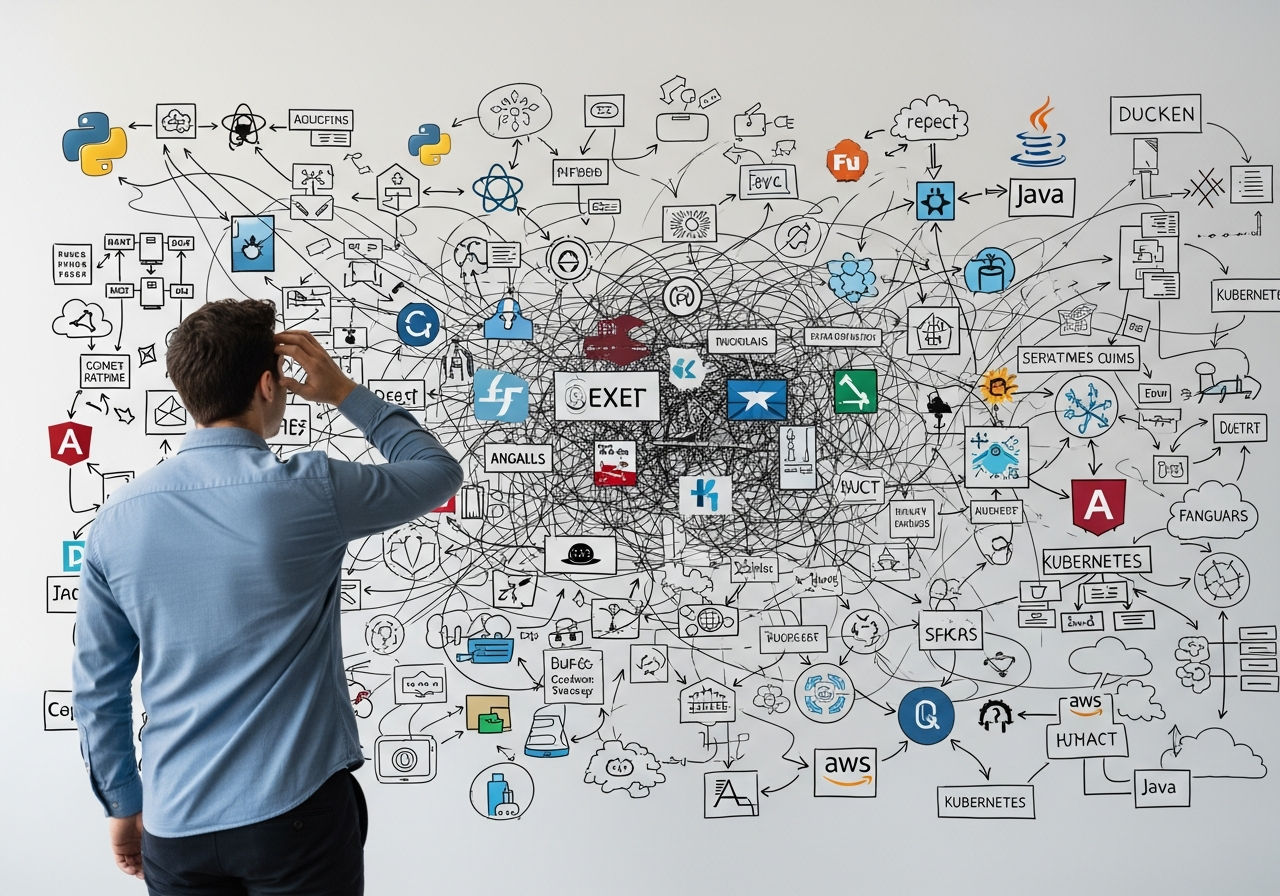A developer looking extremely confused at a whiteboard covered with overlapping and contradictory diagrams of different programming languages, frameworks, and deployment strategies, all interconnected in a chaotic web.