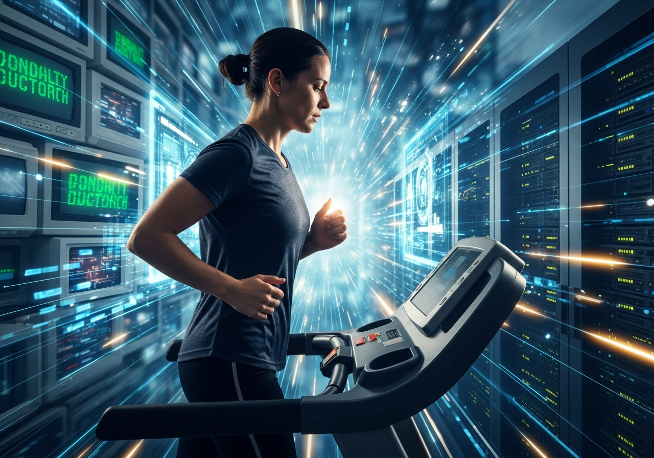 A person on a treadmill, running endlessly with sweat on their brow, but the background behind them shows different technological landscapes (old computer screens, futuristic interfaces, servers) rapidly changing as if they are running through time, never reaching a destination.
