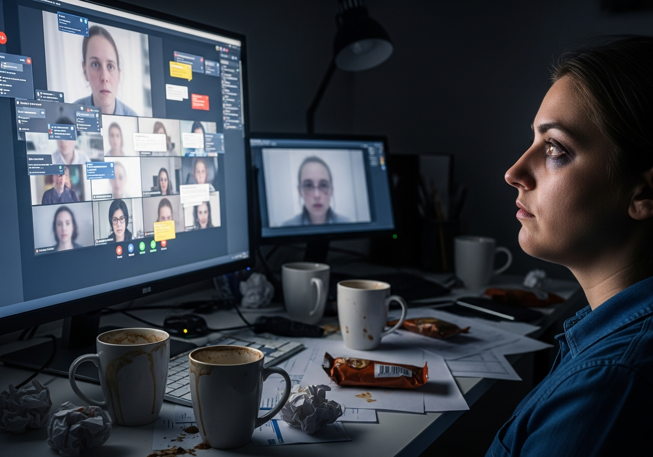 A tired person with dark circles under their eyes staring blankly at a computer screen filled with multiple overlapping video call windows and a flurry of notification pop-ups. Their desk is cluttered with empty coffee mugs and crumpled papers, reflecting mental exhaustion.