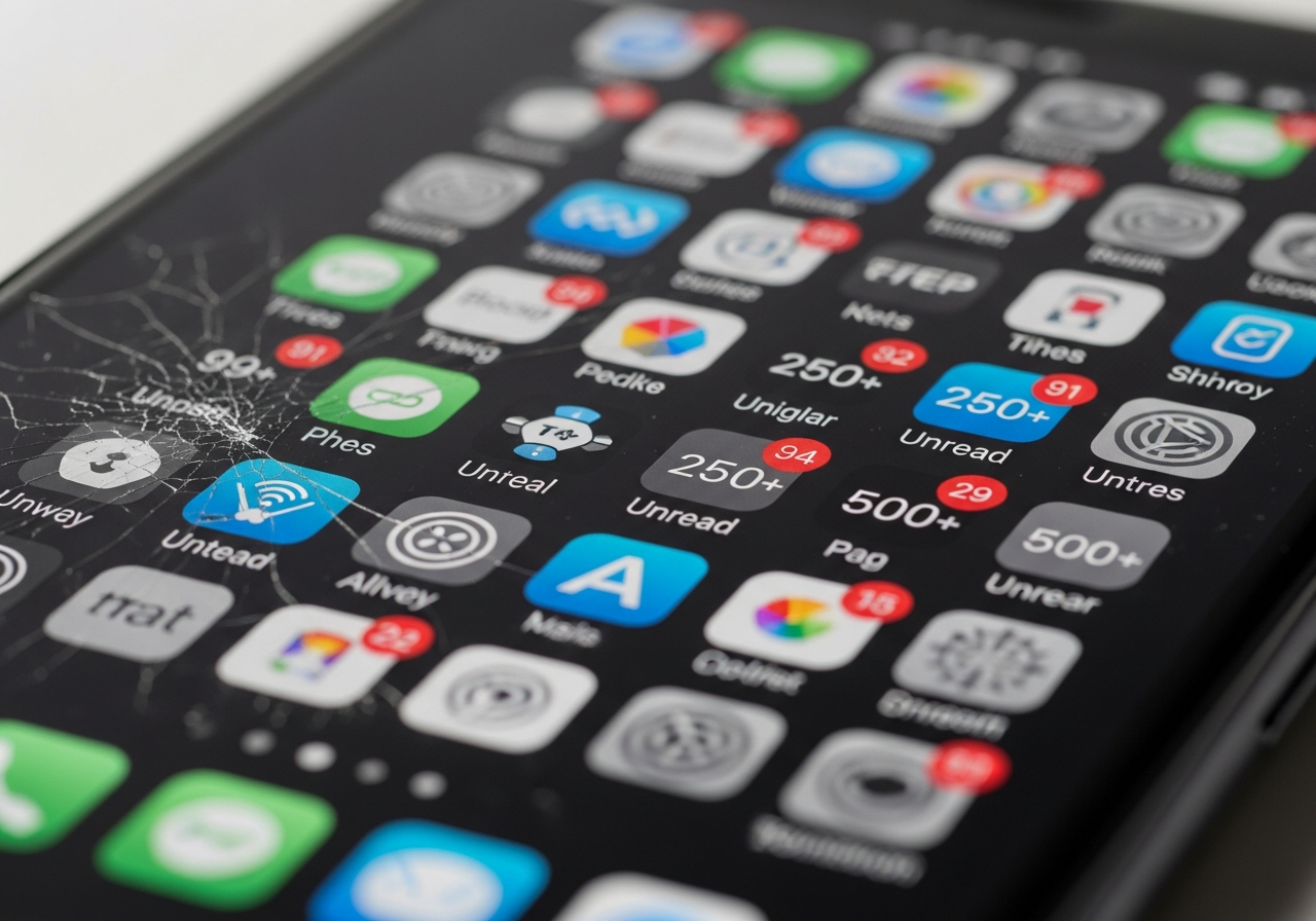 A close-up of a smartphone screen, displaying an overwhelming number of app icons, each with a red notification badge showing high unread counts (e.g., "99+", "250+"). The screen is cracked slightly, suggesting frequent use and potential frustration.