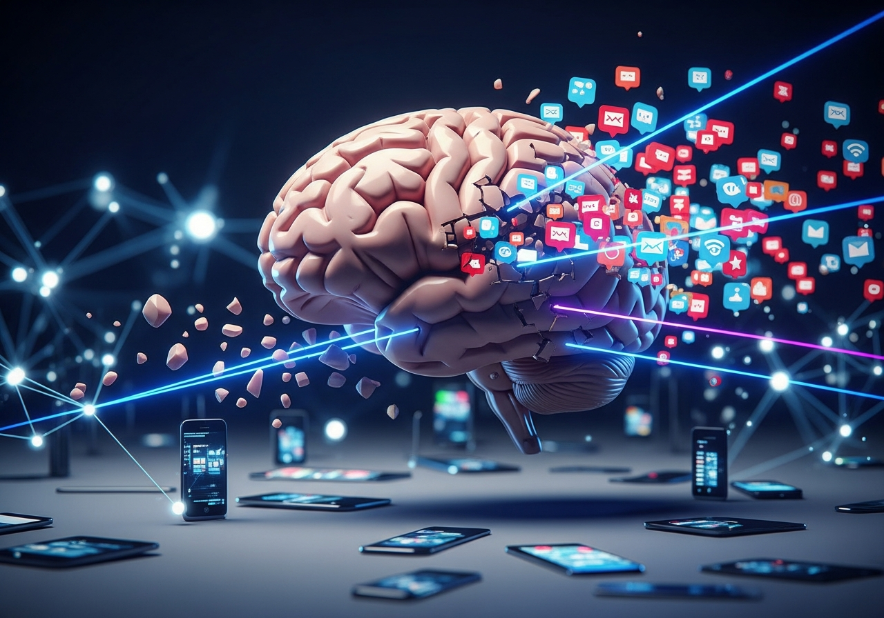 An abstract illustration showing a human brain being fragmented into many small, disconnected pieces by digital lines and glowing notification icons. The background is a chaotic network of interconnected devices.