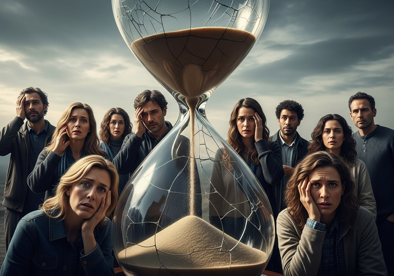 A diverse group of people, with tired and bewildered expressions, standing in front of a giant, crumbling hourglass. Sand is pouring rapidly from the top chamber, almost empty, to the bottom, nearly full.